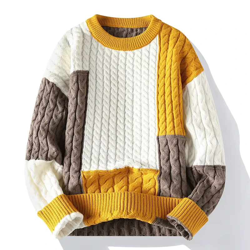 Men's Jacquard Knit Sweater Loose-Fit Retro Geometric Pattern Polyester Pullover