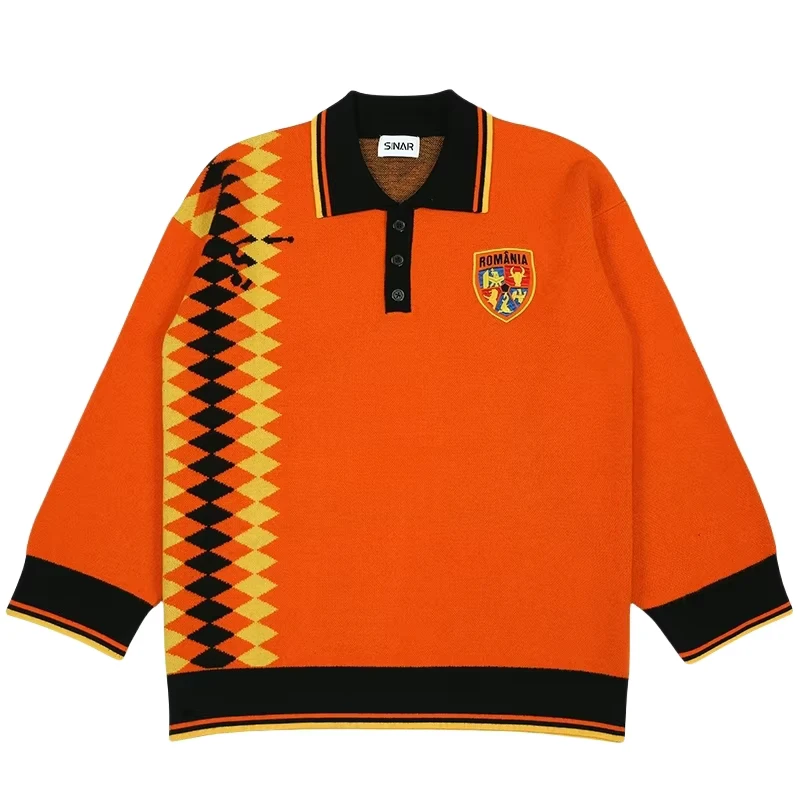 Men's Jacquard Pattern Knit Sweater Casual Winter Pullover Football Polo Knit Jersey