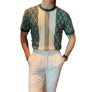Men’s Knitted Full Body Print Jacquard T Shirt Custom Logo Loose Fashion Streetwear Business T Shirt