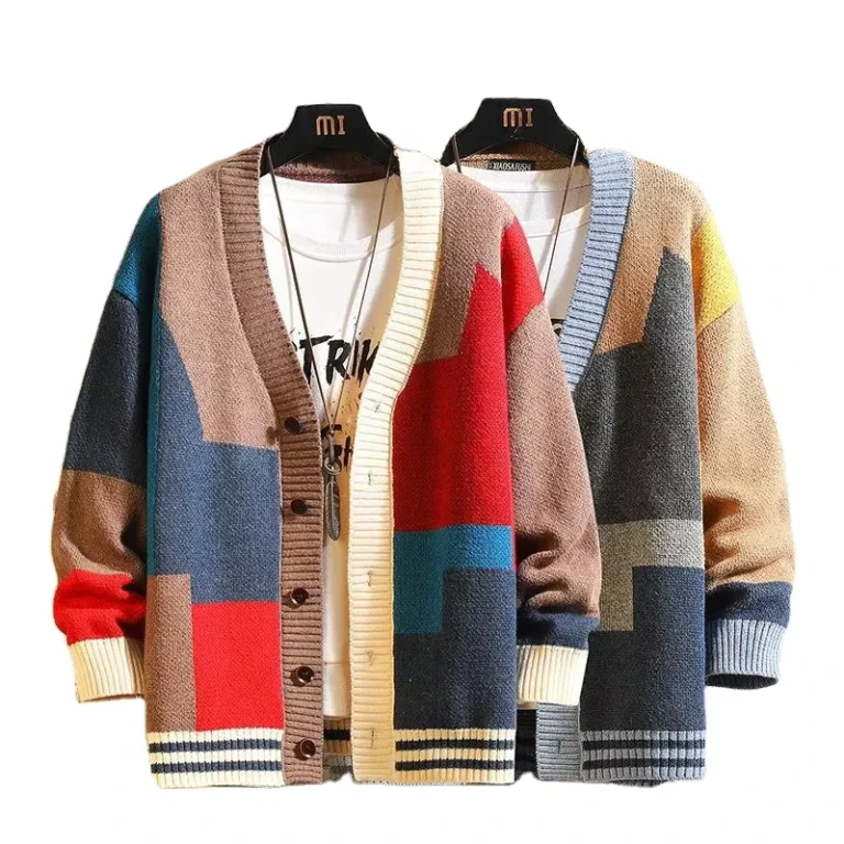 Mens-Large-Spring-Autumn-Cardigan-Sweater-V-Neck-Knitted-Port-Wind-Spliced-Anti-Shrink-Anti-Wrinkle-Breathable-New-Color