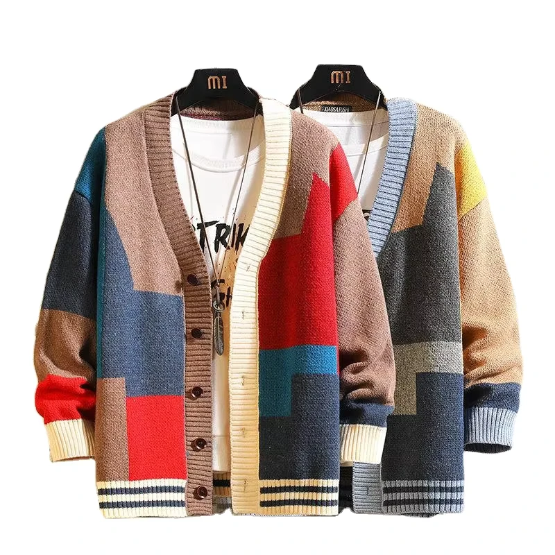 Men's Large Spring Autumn Cardigan Sweater V Neck Knitted Port Wind Spliced Anti Shrink Anti Wrinkle Breathable New Color
