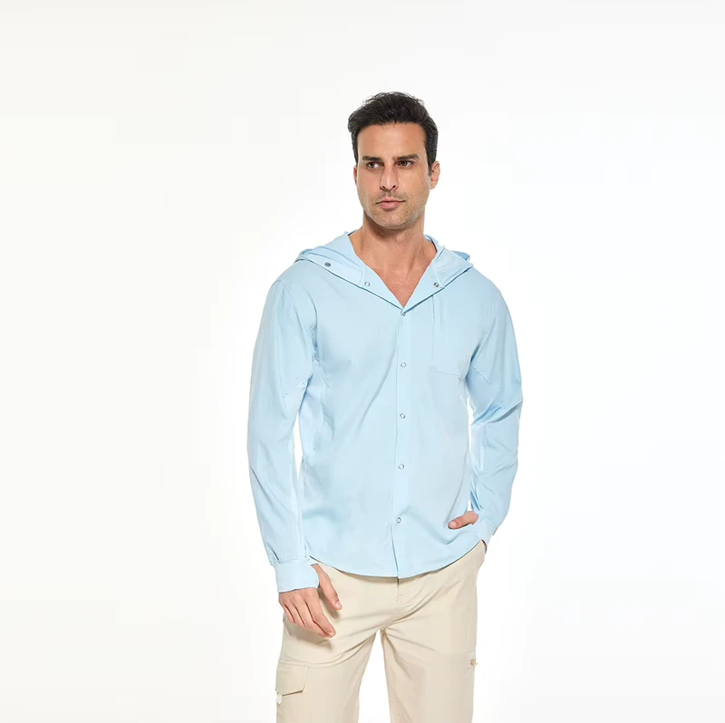 Men's Light Blue UV Protection Hooded Shirt Quick-Dry Breathable Outdoor Hiking Fishing Shirt
