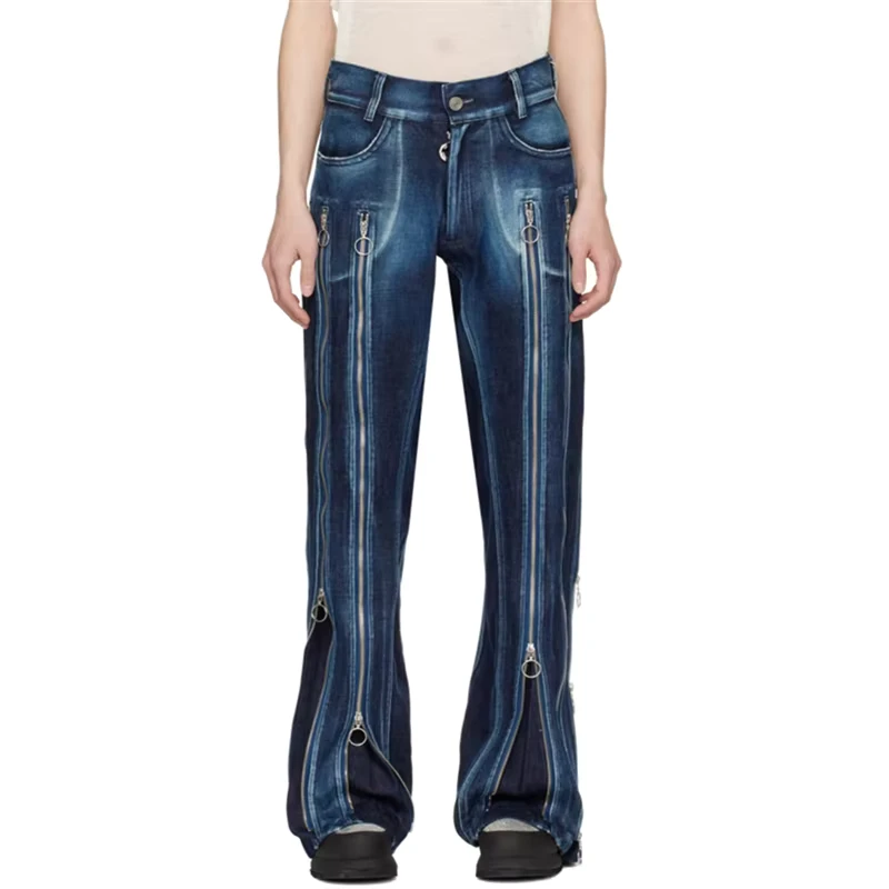 Men's Long Leg Casual Trousers Classic Long Zip Split Jeans