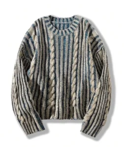 Men’s Long Sleeve Contrast Thread Sweater Pullover Winter Loose Crew Neck Sweater Knitted