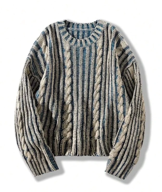 Men's Long Sleeve Contrast Thread Sweater Pullover Winter Loose Crew Neck Sweater Knitted
