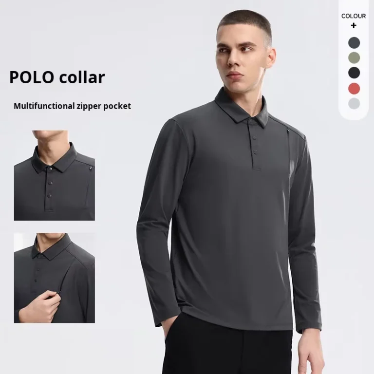 Mens-Long-Sleeve-Stand-Collar-Polo-Shirt-Solid-Color-Spring-Autumn-Workwear