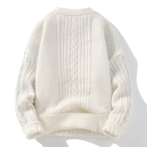 Men’s Loose Crew Neck Pullover Sweater Solid Color Acrylic Anti Shrink Cable Knit Europe and America Style