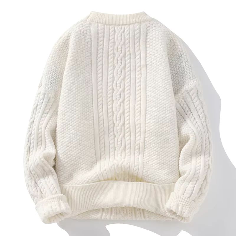 Men's Loose Crew Neck Pullover Sweater Solid Color Acrylic Anti Shrink Cable Knit Europe and America Style