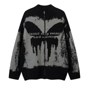 Men’s Loose Knit Long Sleeve Cardigan Solid Color Cotton Sweater with Zipper Closure Winter Knitting Machine Sweaters