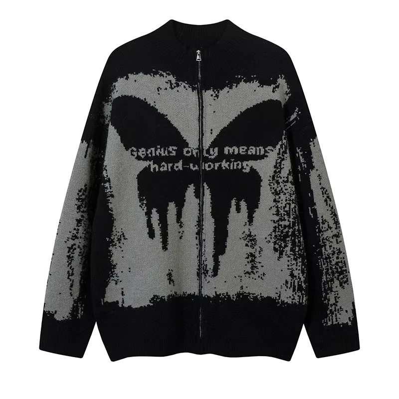 Men's Loose Knit Long Sleeve Cardigan Solid Color Cotton Sweater with Zipper Closure Winter Knitting Machine Sweaters