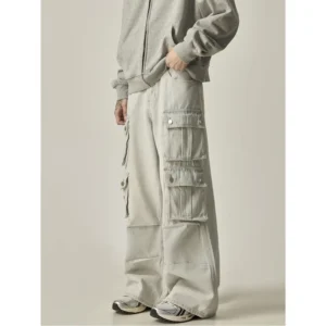 Men’s Loose Wide-Leg Mid-Rise Denim Cargo Pants Medium Wash Retro