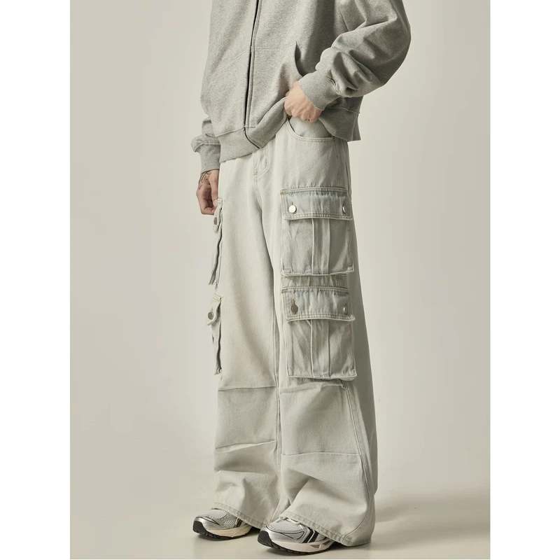 Men's Loose Wide-Leg Mid-Rise Denim Cargo Pants Medium Wash Retro