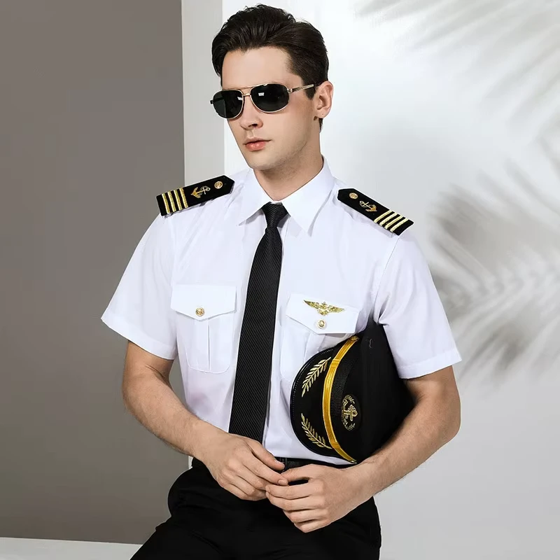 Men's Marine Shirt Captain Uniform Long Sleeve Cotton Pilot Flight Attendant Costume