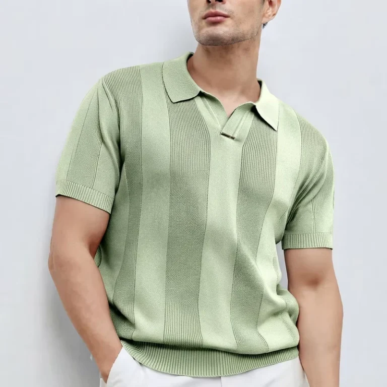 Mens-Mint-Short-Sleeve-Knit-Polo-Shirt-Solid-Color-Single-Breasted