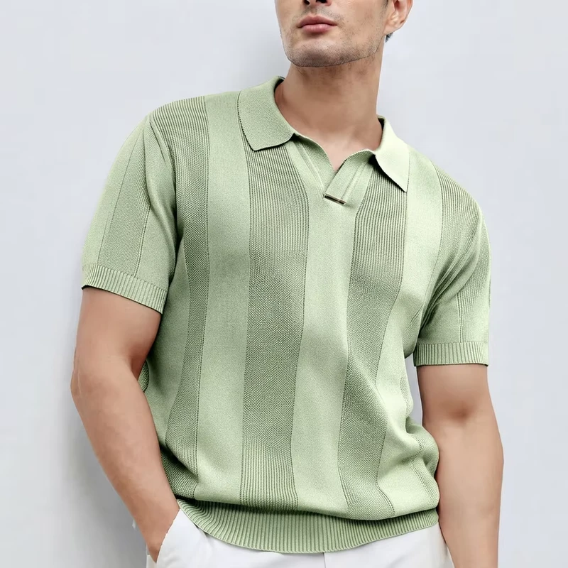 Men's Mint Short-Sleeve Knit Polo Shirt Solid Color Single-Breasted