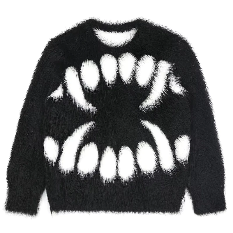 Men's Mohair Knit Sweater Long Sleeve Crew Neck Fuzzy Winter Pullover