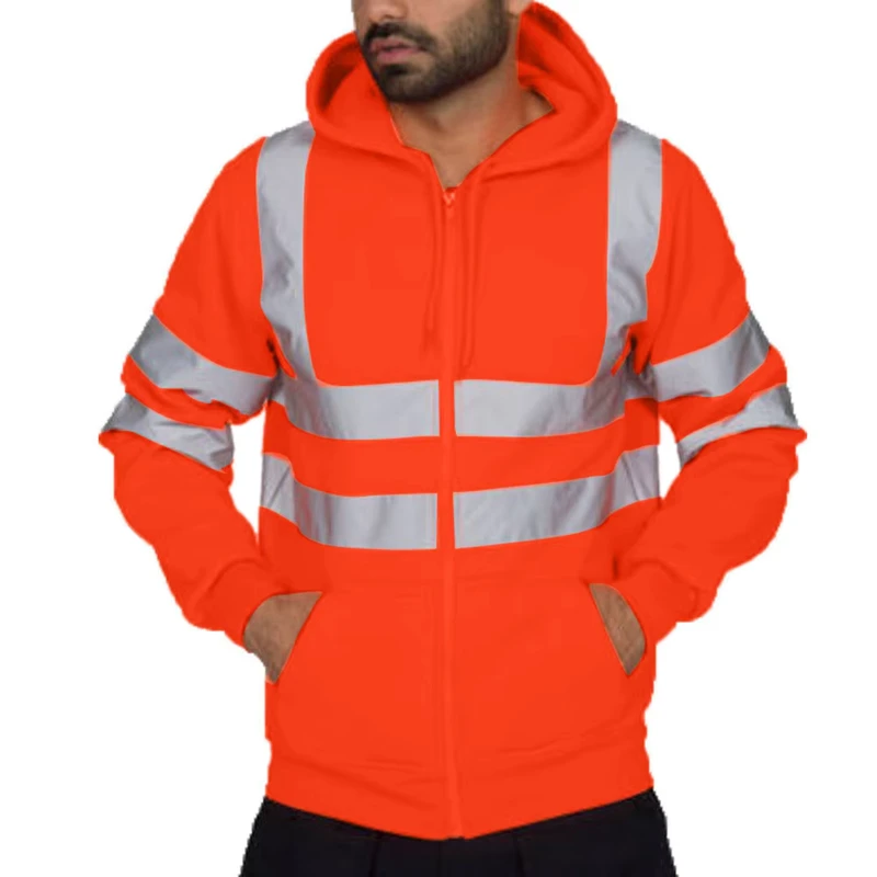 Men's Multi-Color High Visibility Reflective Cotton Safety Hoodie Jacket Outdoor Workwear LED Flash ANSI Class 2
