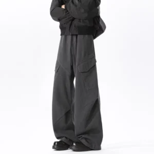 Men’s Multi-Pocket Washed Utility Pants Mid-Rise Loose Straight-Leg 100% Cotton