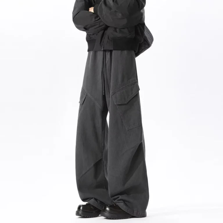 Mens-Multi-Pocket-Washed-Utility-Pants-Mid-Rise-Loose-Straight-Leg-100-Cotton