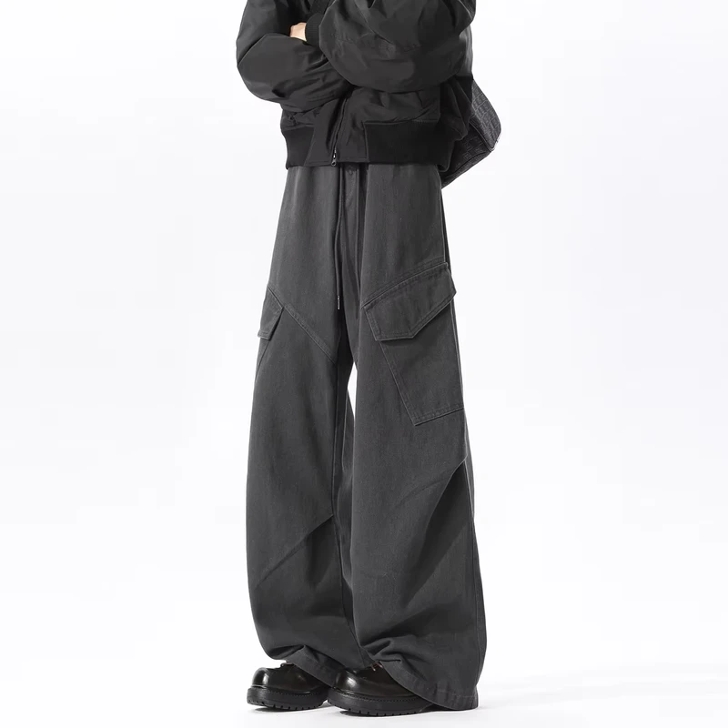Men's Multi-Pocket Washed Utility Pants Mid-Rise Loose Straight-Leg 100% Cotton