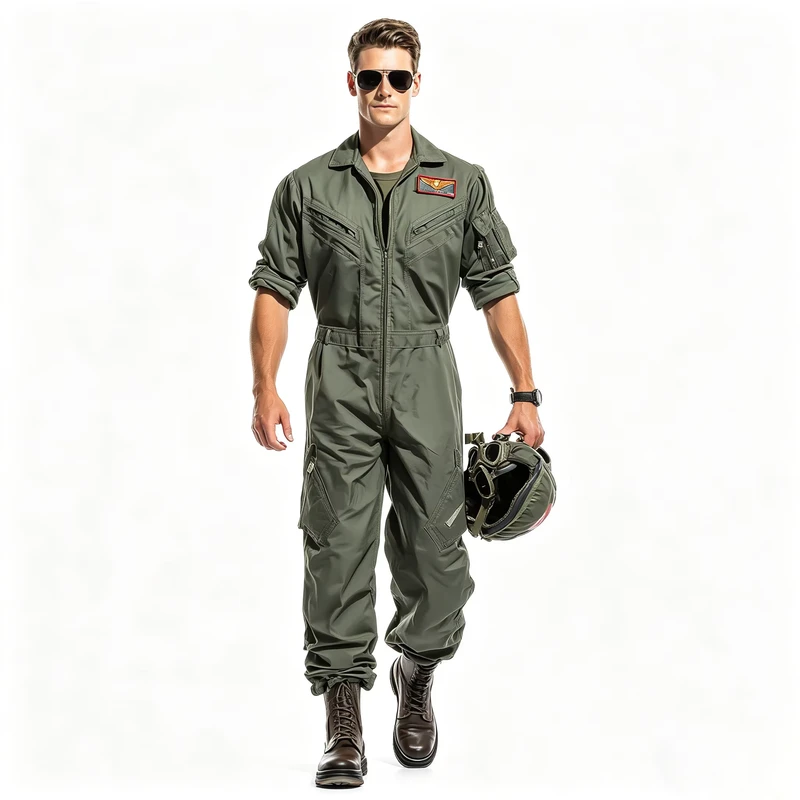 Men's Olive Green Pilot Flight Suit Uniform Jumpsuit for Daily Wear & Outdoor Activity