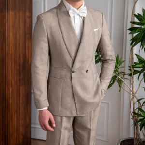 Men’s Olive and Light Coffee Double-Breasted Two-Piece Business Suit
