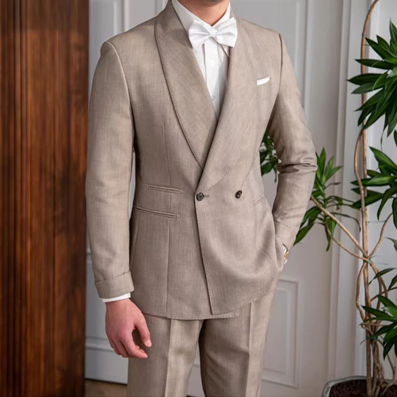 Men's Olive and Light Coffee Double-Breasted Two-Piece Business Suit