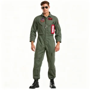 Men’s Pilot Jumpsuit Polyester Long Sleeve Aviation Costume Multi Pocket Dog Tag Zipper Green Flight Suit for Halloween Cosplay