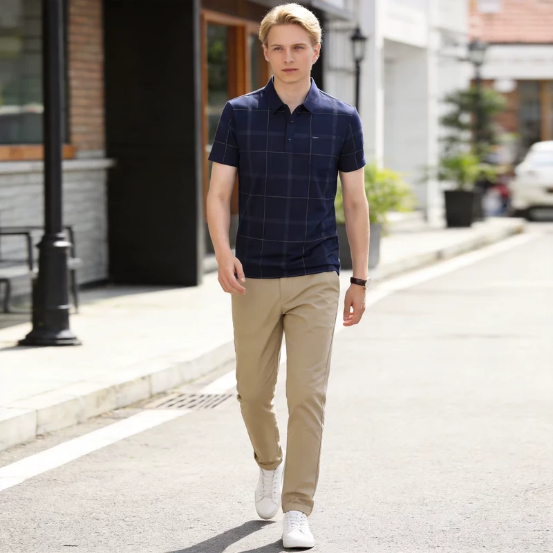 Men's Plaid Cotton Polo Shirt with Short Sleeves and Chest Pocket