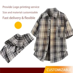 Men’s Plaid Short Sleeve Satin Knitted Shirt Large Size Casual Breathable Washed