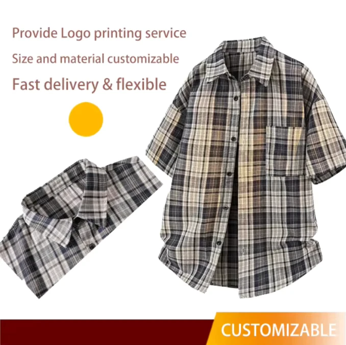 Men's Plaid Short Sleeve Satin Knitted Shirt Large Size Casual Breathable Washed