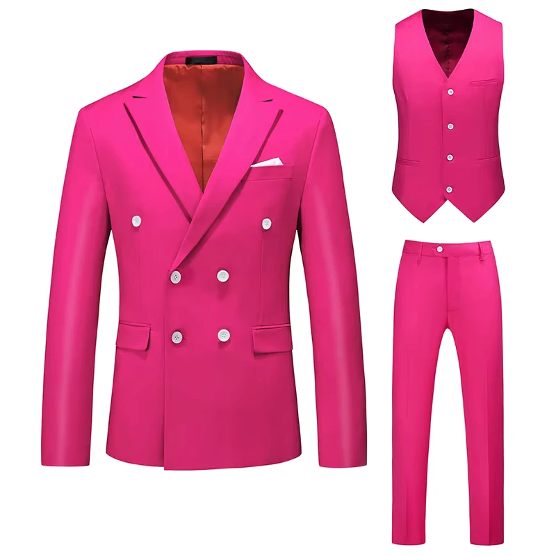 Men's Plus Size Suit Three Piece Double Breasted Solid Color Suit Business Formal Wear Fashion
