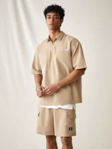 Men’s Polo-Neck Set Quarter-Zip Oversized Short-Sleeve Shirt Cargo Shorts