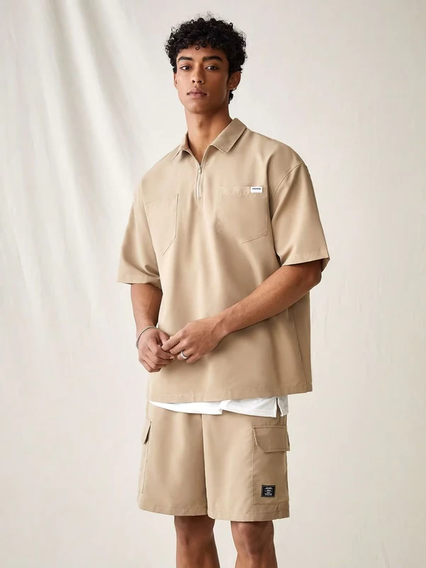 Mens-Polo-Neck-Set-Quarter-Zip-Oversized-Short-Sleeve-Shirt-Cargo-Shorts
