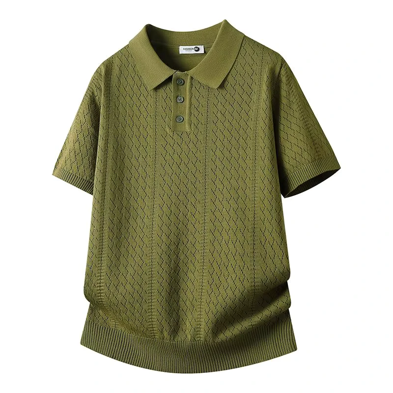 Men's Polo Shirt Old Money Style Openwork Jacquard Knitted Men's T shirt Breathable and Cool Short sleeved Shirt