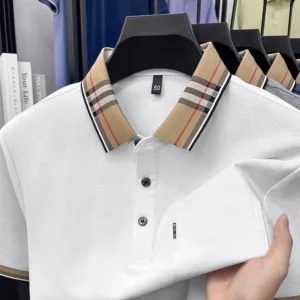 Men’s Polo Shirt Plaid Collar Short Sleeve Cotton Pique Casual Business Pocket T Shirt Summer Breathable Classic Golf Work Top