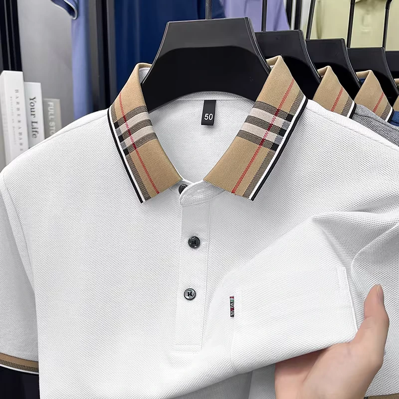 Men's Polo Shirt Plaid Collar Short Sleeve Cotton Pique Casual Business Pocket T Shirt Summer Breathable Classic Golf Work Top