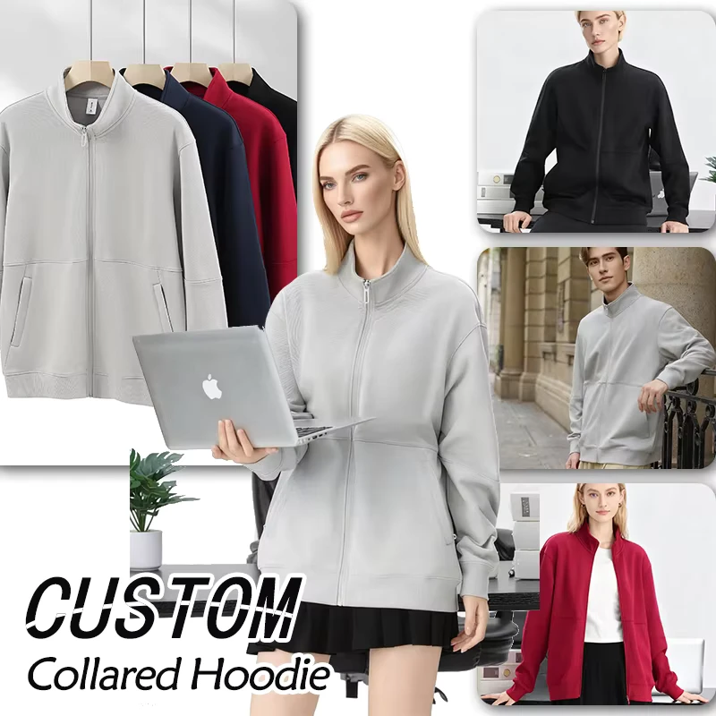 Men's Pullover Cardigan Sweatshirt with Stand-Up Collar, Solid 360g Polyester Cotton, Regular Fit