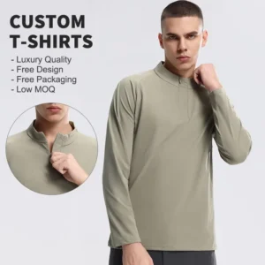Men’s Quick Dry 1 4 Zipper Long Sleeve Gym T Shirt Custom Logo Turtleneck Polo Blank Woven Solid Color Plus Size Casual