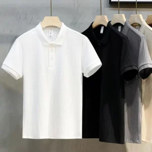 Men’s Quick Dry Ribbed Polo Shirts Short Sleeve Button Down Casual Tops Breathable Polyester Summer Business Casual Shirts