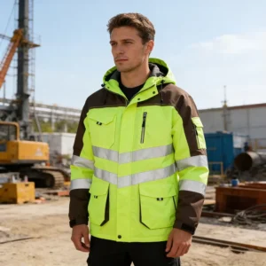 Mens Reflective Breathable Waterproof Polyester Hi Viz Safety Work Jacket CE EN20471 EN343 Certified Multi Pocket Outdoor