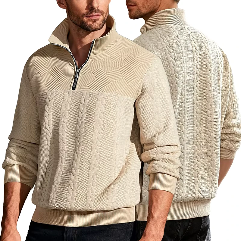 Men's Retro Knitted Autumn and Winter Long Sleeved Standard Stand Collar Loose Anti-pilling Front Logo Sweater