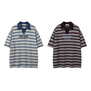 Men’s Retro Striped Polo Shirt Loose Plus Size Lapel Short Sleeve
