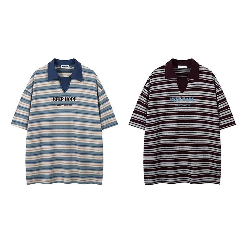 Men's Retro Striped Polo Shirt Loose Plus Size Lapel Short Sleeve