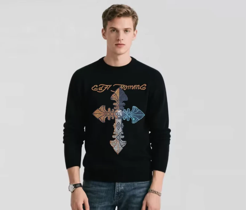 Men's Rhinestone-Trimmed Sweater Oversized Casual Pullover
