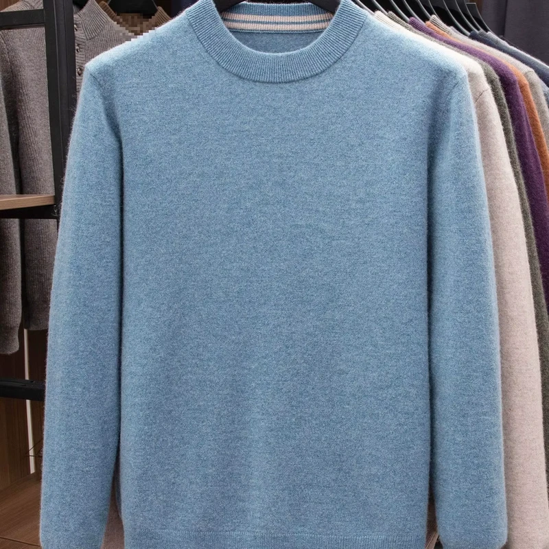 Men's Round Neck Cashmere Wool Sweater Autumn Winter Thick Solid Color Sweater Middle aged Business Casual Wool Sweater In Stock