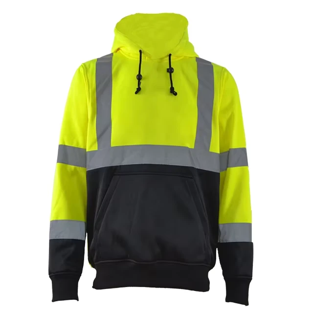 Men's Safety Jacket with Hi Vis Hood Fleece Sweatshirt Reflective Workwear