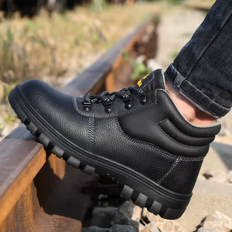 Men's Safety Shoes Leather Steel Toe Anti static Oil Resistant Wear Resistant Safety Work Shoes for Factory Warehouse