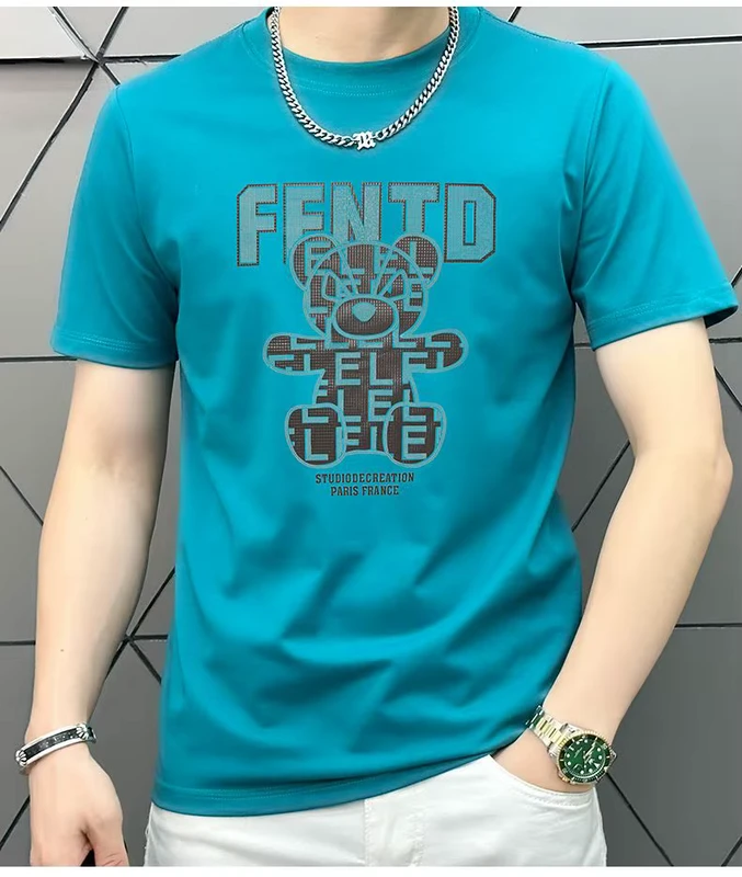 Mens-Short-Sleeve-Embossed-Iron-On-Character-Casual-T-Shirt-Quick-Dry