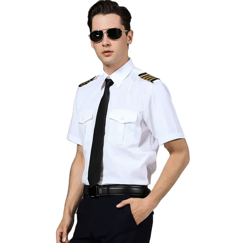 Men's Short Sleeve Pilot Captain Shirts Male Air Steward Flight Attendant Aviation Uniform Nightclub Cosplay Costume